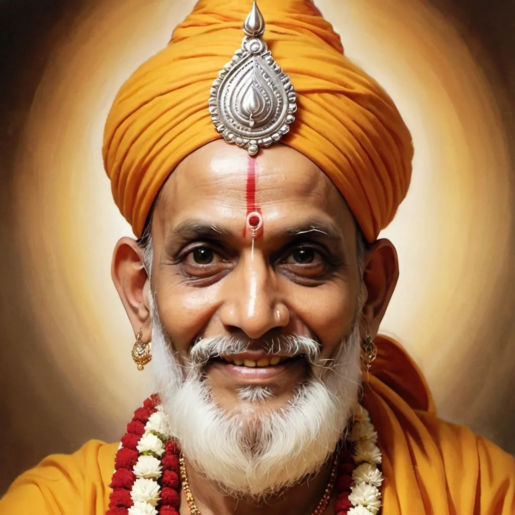 Prompt: beautiful slightly smiling sri guru raghavendra swamy who can be seen in indian scripures.
