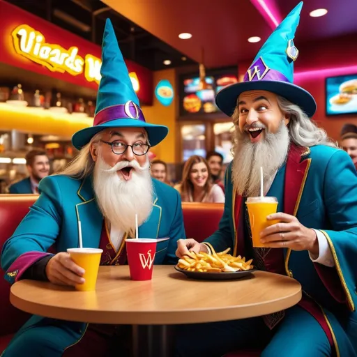 Prompt: Photorealistic scene of wizards, fast food restaurant, silly antics, high quality, photorealism, detailed facial expressions, colorful, bright lighting, whimsical atmosphere, wizards having fun, food and drinks, modern setting, detailed magical attire, realistic textures, professional, vibrant colors