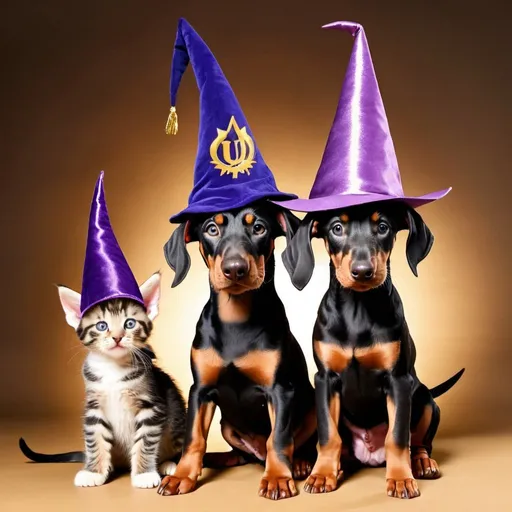 Prompt: A Doberman and a kitten wearing wizard hats