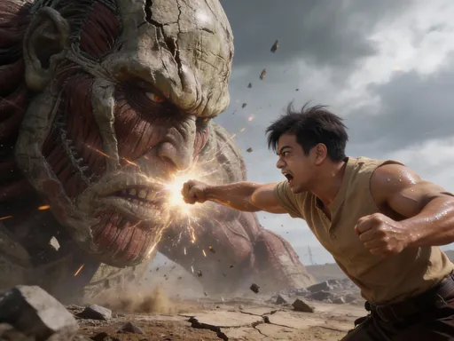 Prompt: Photorealistic, @vdk9sErzS4vFOAJSIyGW lunges forward with clenched fists, engaging a colossal titan in fierce combat, muscles tensed mid-strike, determined expression with furrowed brow and gritted teeth, sweat glistening on skin, the titan looming massive with weathered stone-like texture and ancient cracks, their collision point crackling with kinetic energy, debris and dust particles suspended in air from impact force, devastated battlefield with fractured earth and scattered rubble, overcast sky with diffused natural light breaking through heavy clouds, dramatic scale contrast emphasizing the titan's overwhelming size against human defiance