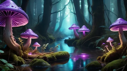 Prompt: a river through enchanted woods with gigantic magic Purple Bioluminescent mushrooms, Surreal, intricate details, epic scene, beautiful enchanted lighting, fairytale, magical, unreal engine