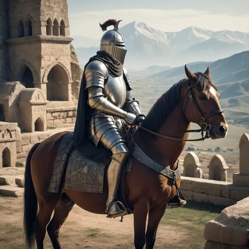 Prompt: medieval knight sitting on his horse seen in profile, he is surrounded by tombs, in the distance we see mountains