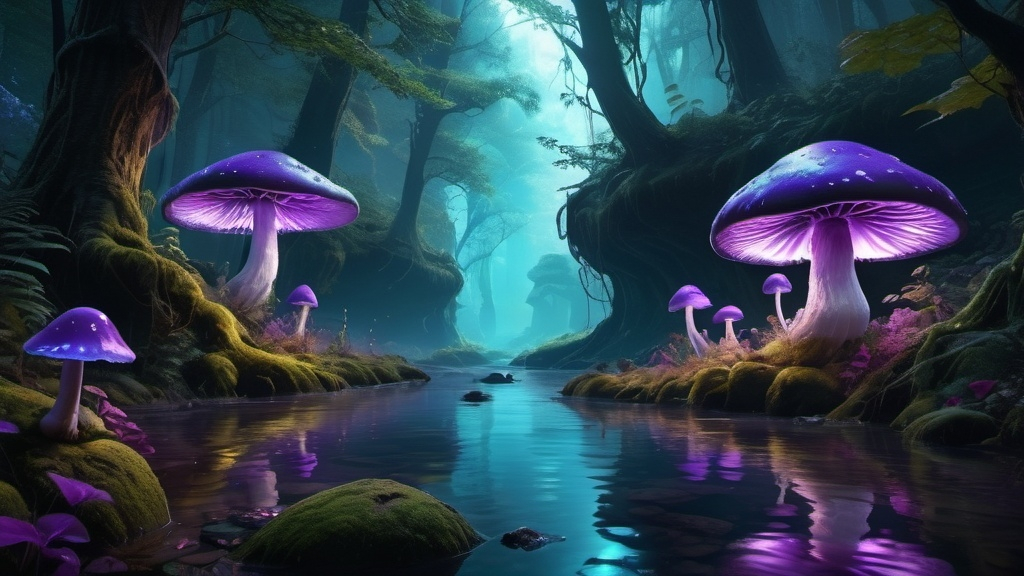 Prompt: a river through enchanted woods with gigantic magic Purple Bioluminescent mushrooms, Surreal, intricate details, epic scene, beautiful enchanted lighting, fairytale, magical, unreal engine