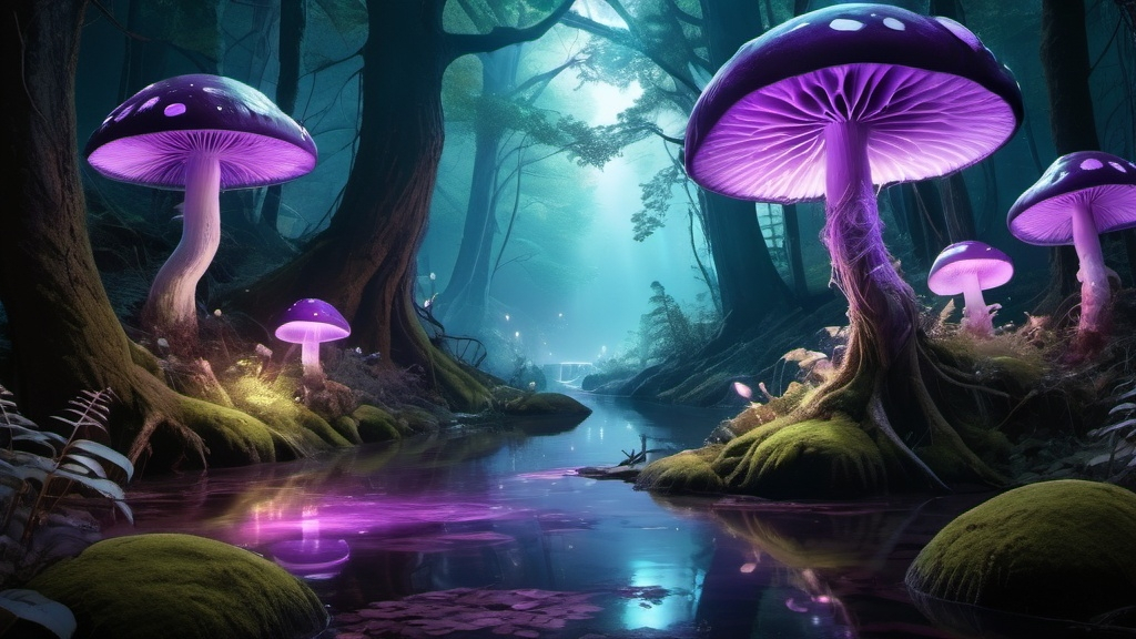 Prompt: a river through enchanted woods with gigantic magic Purple Bioluminescent mushrooms, Surreal, intricate details, epic scene, beautiful enchanted lighting, fairytale, magical, unreal engine