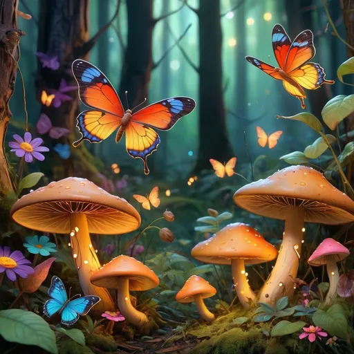 Prompt: a beautiful enchanted forest with fungi and flowers that glow with vibrant colors, magical animals, very butterflies flying (little fireflies) ultra detailed illustration, (tetradic colors), whimsical, enchanting, fairy tale, (ink lines1.1) , strong outlines , art by MSchiffer, bold strokes, no frame, high contrast, (cel-shaded1.1), vector, 32k resolution, best quality, flat colors, flat lights, unreal engine