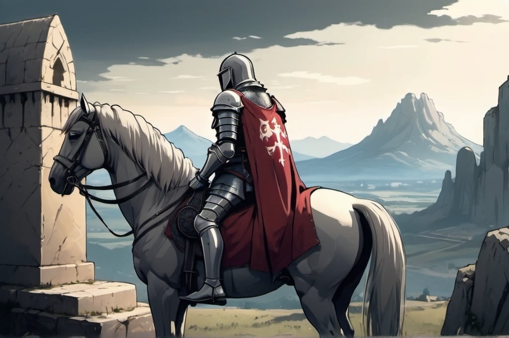 Prompt: medieval knight sitting on his horse seen in profile, he is surrounded by tombs, in the distance we see mountains, anime style