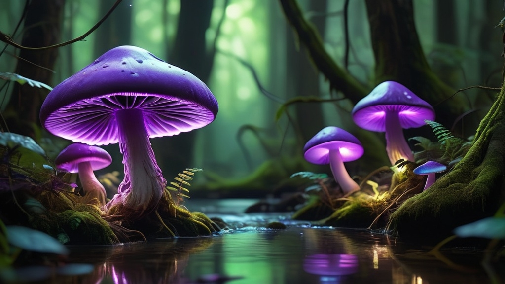 Prompt: a river through enchanted woods with gigantic magic Purple Bioluminescent mushrooms, Surreal, intricate details, epic scene, beautiful enchanted lighting, fairytale, magical, unreal engine