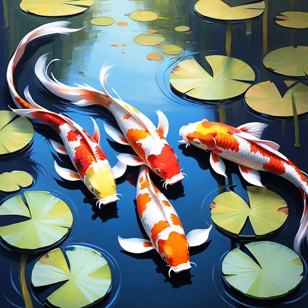 Prompt: create an impressionism painting with koi fish and water lilies