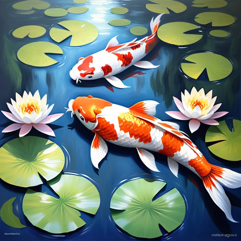 Prompt: create an impressionism painting with koi fish and water lilies