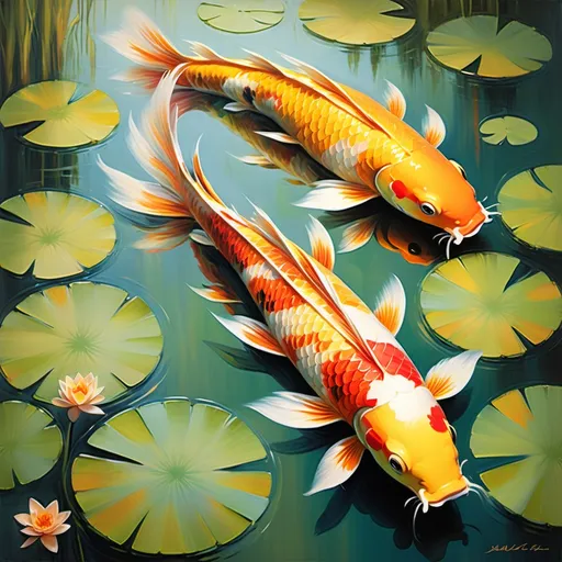 Prompt: Impressionism painting, vibrant koi fish swimming among delicate water lilies, soft brush strokes blending vivid oranges, yellows, and greens, light shimmering on water's surface, lush surroundings capturing a tranquil haven, warm sunlight filtering peacefully, reflections creating a dreamy ambiance, high detail, masterful artistry, evocative and serene environment.