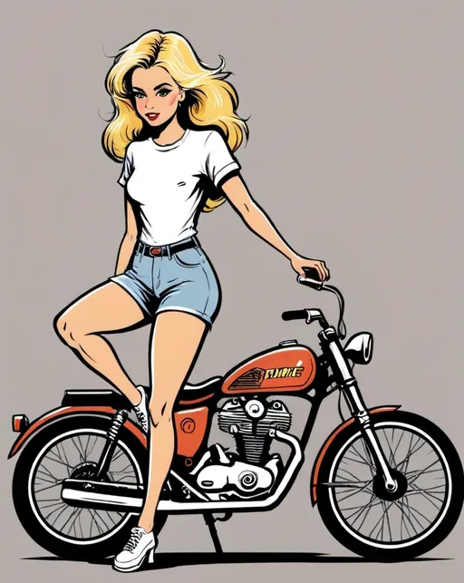 Prompt: Illustrated T-shirt design of blonde women standing near a bike on sunset, comic style, vector, solid white background, simple color palette