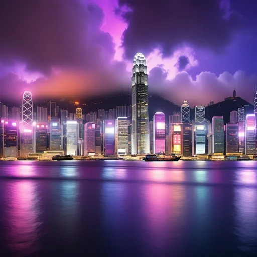 Prompt: Hong Kong skyline, (breathtaking urban landscape), towering skyscrapers illuminates against a twilight sky, colorful neon lights reflect in tranquil waters, (vivid hues of purple and orange), bustling harbor activity below, soft clouds drifting, high detail, ultra-detailed, cinematic composition, capturing the essence of a vibrant metropolis at night.