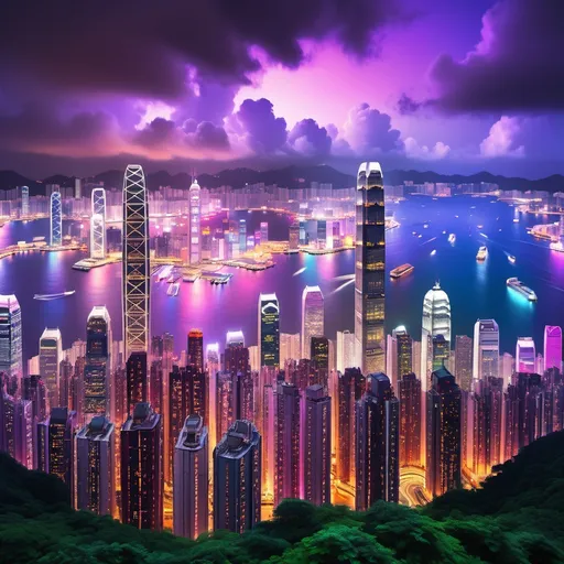 Prompt: Hong Kong skyline, (breathtaking urban landscape), towering skyscrapers illuminates against a twilight sky, colorful neon lights reflect in tranquil waters, (vivid hues of purple and orange), bustling harbor activity below, soft clouds drifting, high detail, ultra-detailed, cinematic composition, capturing the essence of a vibrant metropolis at night.