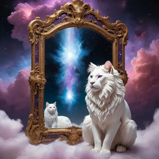 Prompt: In a cosmic setting, a white cat with a glossy, realistic coat sits on a fluffy cloud, gazing into an ornate, eerie mirror. The mirror’s reflection shows not the cat, but a majestic, white, hairy lion. The lion, depicted with detailed fur and a regal demeanor, is intently watching the cat through the mirror, creating a captivating interaction between the two.

The mirror is framed with dark, intricate patterns that evoke a sense of horror and age, adding to the surreal atmosphere. Beside the mirror, a burning candle casts a soft, flickering glow, illuminating the frame and adding a touch of warmth to the eerie scene.

The background is a stunning view of space, dominated by a massive nebula galaxy with vibrant hues of purple, blue, and pink. The expansive cosmic backdrop includes distant stars, swirling nebulae, and other celestial elements, enhancing the otherworldly feel of the scene. The vastness of the galaxy and the contrast between the luminous nebula and the dark mirror frame create a dramatic and immersive visual experience.