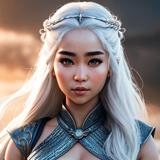 Prompt: asian female dressed as daenerys targaryen, gorgeous, attractive, flirting, (((full body visible))), looking at viewer, portrait, photography, detailed skin, realistic, photo-realistic, 8k, highly detailed, full length frame, High detail RAW color art, piercing, diffused soft lighting, shallow depth of field, sharp focus, hyperrealism, cinematic lighting