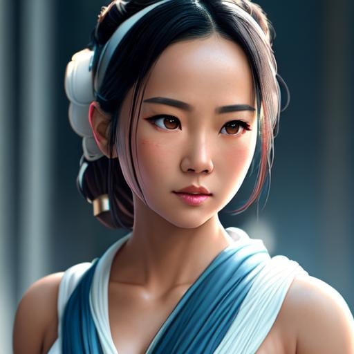 Prompt: asian female dressed as Rey from Star Wars, gorgeous, attractive, flirting, (((full body visible))), looking at viewer, portrait, photography, detailed skin, realistic, photo-realistic, 8k, highly detailed, full length frame, High detail RAW color art, piercing, diffused soft lighting, shallow depth of field, sharp focus, hyperrealism, cinematic lighting