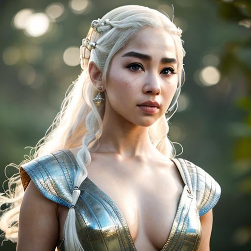 Prompt: asian female dressed as daenerys targaryen, gorgeous, attractive, flirting, (((full body visible))), looking at viewer, portrait, photography, detailed skin, realistic, photo-realistic, 8k, highly detailed, full length frame, High detail RAW color art, piercing, diffused soft lighting, shallow depth of field, sharp focus, hyperrealism, cinematic lighting