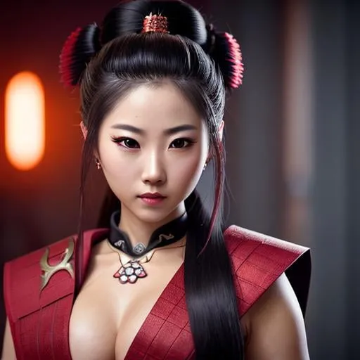 Prompt: female dressed as samurai, gorgeous, attractive, flirting, (((full body visible))), looking at viewer, portrait, photography, detailed skin, realistic, photo-realistic, 8k, highly detailed, full length frame, High detail RAW color art, piercing, diffused soft lighting, shallow depth of field, sharp focus, hyperrealism, cinematic lighting