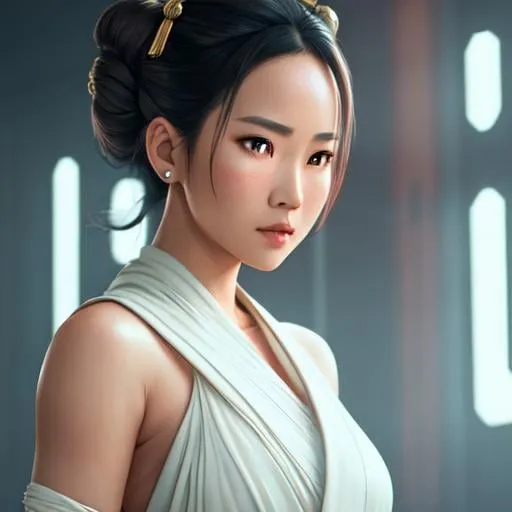 Prompt: asian female dressed as Rey from Star Wars, gorgeous, attractive, flirting, (((full body visible))), looking at viewer, portrait, photography, detailed skin, realistic, photo-realistic, 8k, highly detailed, full length frame, High detail RAW color art, piercing, diffused soft lighting, shallow depth of field, sharp focus, hyperrealism, cinematic lighting
