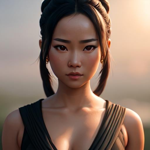 Prompt: asian female dressed as Rey from Star Wars, gorgeous, attractive, flirting, (((full body visible))), looking at viewer, portrait, photography, detailed skin, realistic, photo-realistic, 8k, highly detailed, full length frame, High detail RAW color art, piercing, diffused soft lighting, shallow depth of field, sharp focus, hyperrealism, cinematic lighting