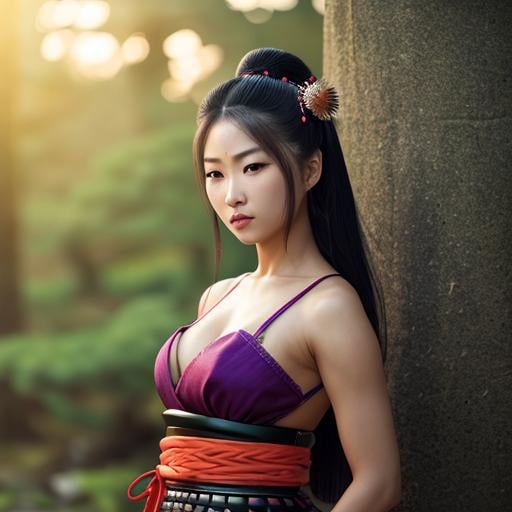 Prompt: female dressed as samurai, gorgeous, attractive, flirting, (((full body visible))), looking at viewer, portrait, photography, detailed skin, realistic, photo-realistic, 8k, highly detailed, full length frame, High detail RAW color art, piercing, diffused soft lighting, shallow depth of field, sharp focus, hyperrealism, cinematic lighting