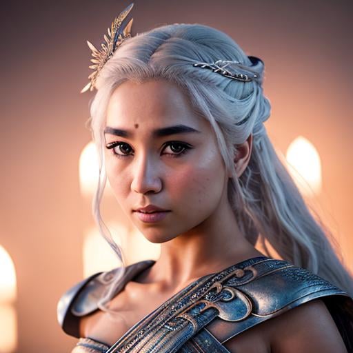 Prompt: asian female dressed as daenerys targaryen, gorgeous, attractive, flirting, (((full body visible))), looking at viewer, portrait, photography, detailed skin, realistic, photo-realistic, 8k, highly detailed, full length frame, High detail RAW color art, piercing, diffused soft lighting, shallow depth of field, sharp focus, hyperrealism, cinematic lighting