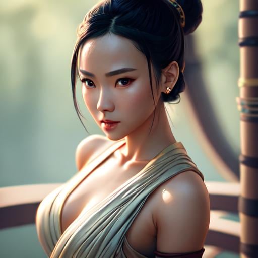 Prompt: asian female dressed as Rey from Star Wars, gorgeous, attractive, flirting, (((full body visible))), looking at viewer, portrait, photography, detailed skin, realistic, photo-realistic, 8k, highly detailed, full length frame, High detail RAW color art, piercing, diffused soft lighting, shallow depth of field, sharp focus, hyperrealism, cinematic lighting