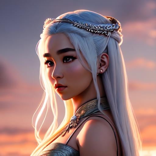 Prompt: asian female dressed as daenerys targaryen, gorgeous, attractive, flirting, (((full body visible))), looking at viewer, portrait, photography, detailed skin, realistic, photo-realistic, 8k, highly detailed, full length frame, High detail RAW color art, piercing, diffused soft lighting, shallow depth of field, sharp focus, hyperrealism, cinematic lighting