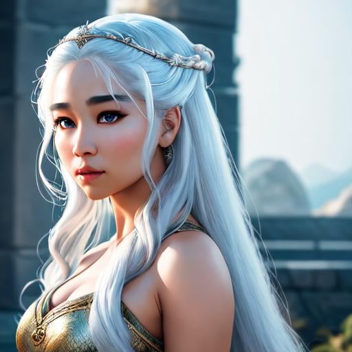 Prompt: asian female dressed as daenerys targaryen, gorgeous, attractive, flirting, (((full body visible))), looking at viewer, portrait, photography, detailed skin, realistic, photo-realistic, 8k, highly detailed, full length frame, High detail RAW color art, piercing, diffused soft lighting, shallow depth of field, sharp focus, hyperrealism, cinematic lighting