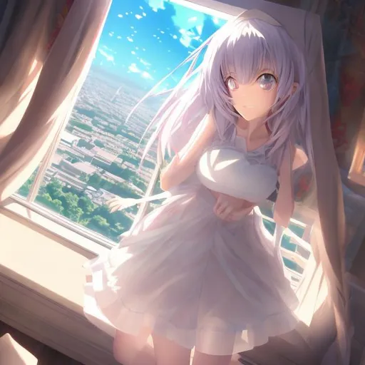 Prompt: beautiful anime Girl , slept on white bed, light comming from left , smooth,full body,Anime, View from up,3d ,anime ,