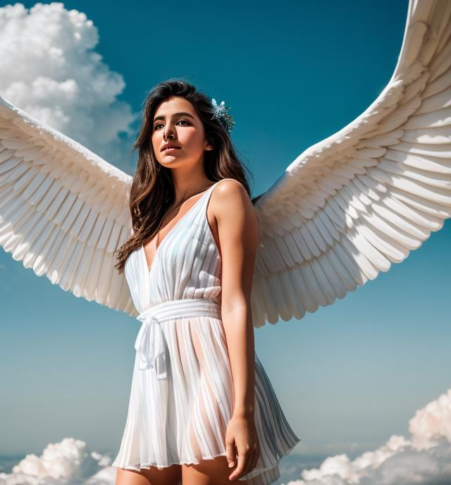 Prompt: A full view of Beautiful female figure with white wings, wearing white dress with blue stripes, flying on clouds, hairs are free and light pink,3D realistic,4k,