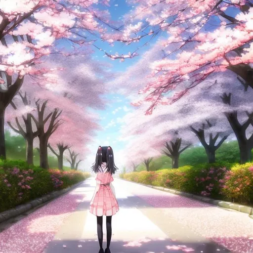 Prompt: beautiful anime girl going away ,looking back, cherry blossom road 