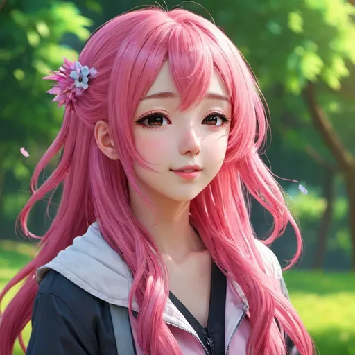 Prompt: A beautiful girl ,beautiful bright body, happy, beautiful,3d Beauty anime, pink hair, portrait , closed eyes, looking side up, side view , full body , outdoor ,long free hairs , cute cheeks 