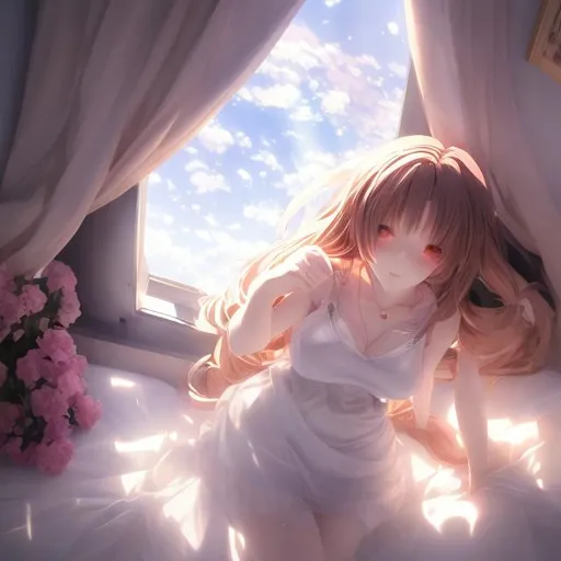 Prompt: beautiful anime Girl , Sleeping in deep dreem on white bed, light comming from left , smooth,full body,Anime, View from up,3d ,anime ,