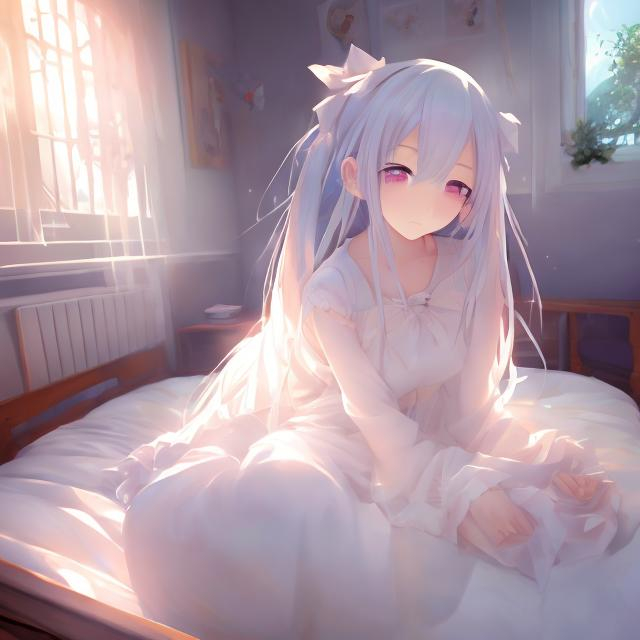 Prompt: beautiful anime Girl , sleepping on white bed, light comming from left , smooth,full body,Anime, View from up,3d ,anime 