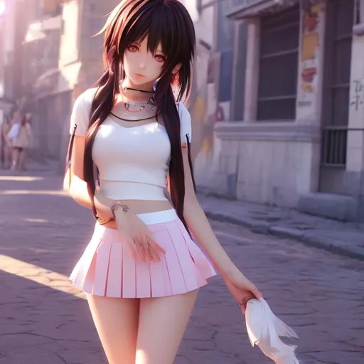 Prompt: beautiful anime Girl wearing very short skirt ,half shirt, stylish 3d,full body