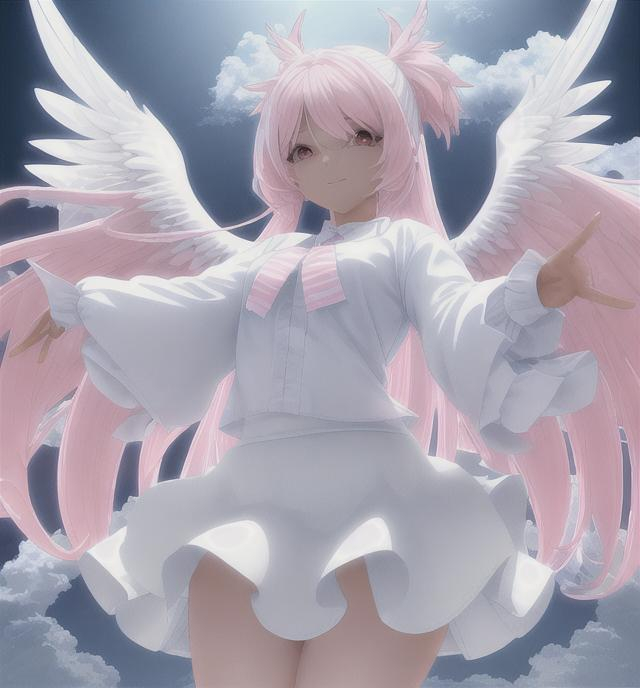 Prompt: A full view of Beautiful female figure with white wings, wearing white miniTshirt and skirt with blue stripes, flying on clouds, hairs are free and light pink,3D Anime,4k, wearing white shoes,
