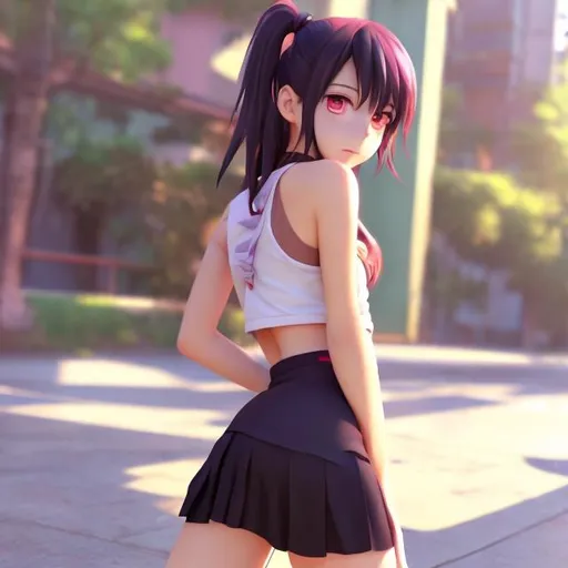 Prompt: beautiful anime Girl about 18, Wearing very short skirt,half cut T-shirt, yoga Stretching legs,3d