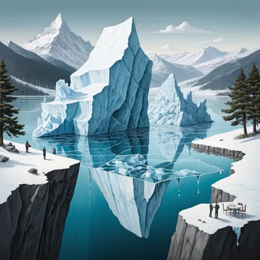 Prompt: Create an image by Renato Guttuso that illustrates the differences between Iceberg, Delta Lake, and Data Lake:

Iceberg: Show this as a structured, icy area with sharp lines to symbolize efficient, large table management.

Data Lake: Illustrate this as a deep lake with various objects
