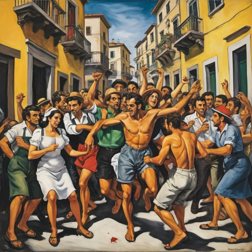 Prompt: Create me picture of sicilian success on the street fiesta  by Renato Guttuso