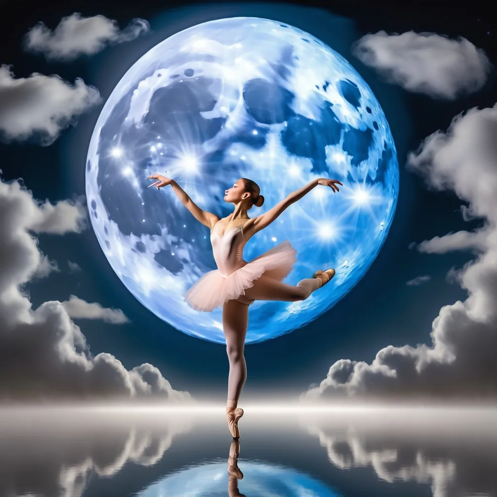 Prompt: Ballet dancer inside full moon with monet type clouds around moon