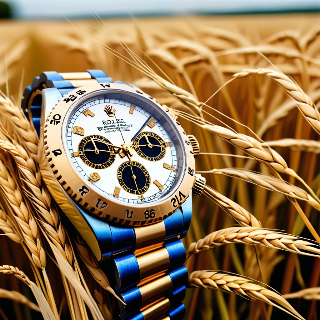 Prompt: Steampunk style Rolex watch on wheat field