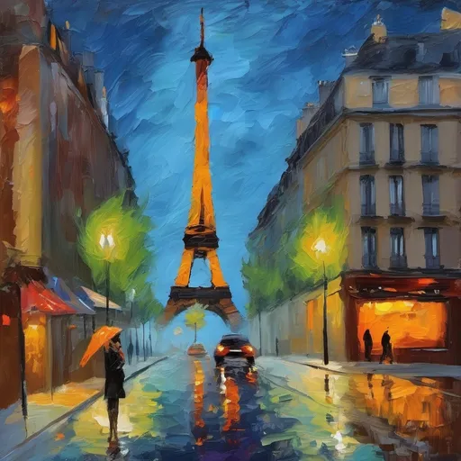 Prompt: Stylized rough champs Ely sees street with eiffel tower in view, by night, impressionistic painting with large palette-knife