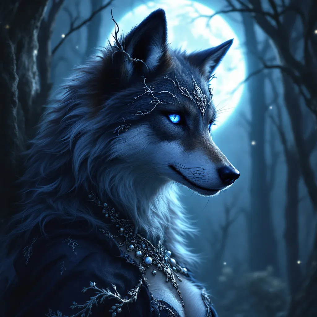 Prompt: Anthro wolf character, female furry design, Gothic theme, enchanting blue eyes, mystical night time atmosphere, dramatic shadows and moonlight, ethereal and enchanting ambiance, detailed fur texture, intricate gothic accessories, high quality, ultra-detailed, plush fur, mesmerizing expression, captivating gaze, mystical background with dark trees and glowing moonlight, stellar quality, rich colors.