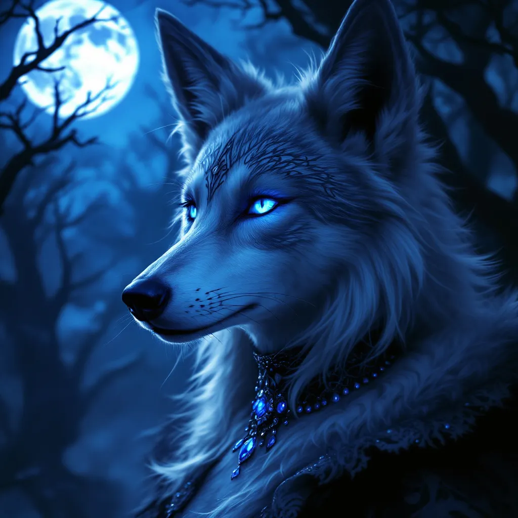 Prompt: Anthro wolf character, female furry design, Gothic theme, enchanting blue eyes, mystical night time atmosphere, dramatic shadows and moonlight, ethereal and enchanting ambiance, detailed fur texture, intricate gothic accessories, high quality, ultra-detailed, plush fur, mesmerizing expression, captivating gaze, mystical background with dark trees and glowing moonlight, stellar quality, rich colors.