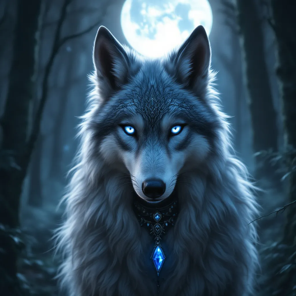Prompt: Anthro wolf character, female furry design, Gothic theme, enchanting blue eyes, mystical night time atmosphere, dramatic shadows and moonlight, ethereal and enchanting ambiance, detailed fur texture, intricate gothic accessories, high quality, ultra-detailed, plush fur, mesmerizing expression, captivating gaze, mystical background with dark trees and glowing moonlight, stellar quality, rich colors.