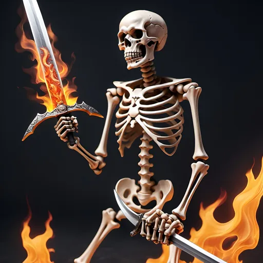 Prompt: A skeleton holding a sword with fire 