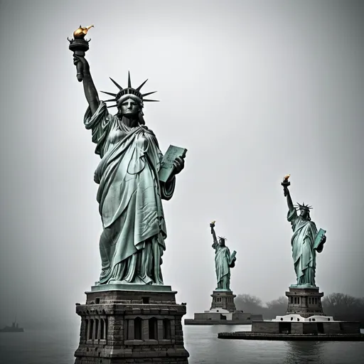 Prompt: (three unfinished Statue of Liberty), tied together with a chain, dramatic and striking composition, hidden within a dark fog, symbolic of unity and imprisonment, chanting sunlight breaking through clouds, exploring themes of freedom and restraint, ultra-detailed, high resolution, cinematic atmosphere, with muted and somber color tones instilling a sense of contemplation.