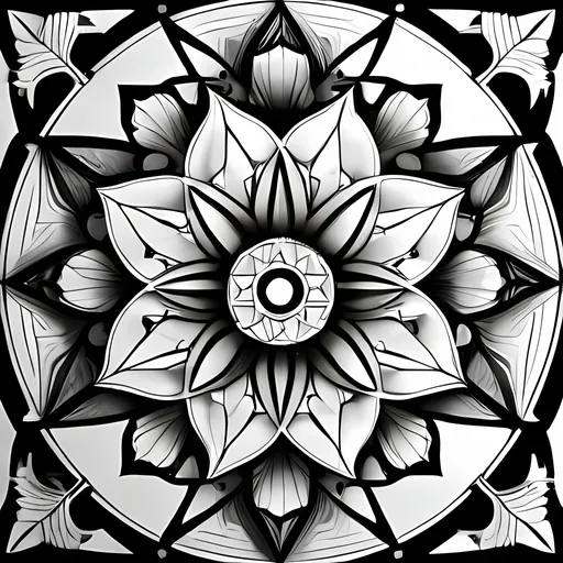 Prompt: 3D black and white coloring pages for adults, nature's sacred geometry

