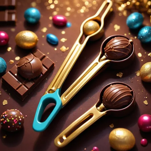 Prompt: Fantasy illustration of chocolate tongs, whimsical and magical, vibrant colors, dreamy atmosphere, shiny golden details, high quality, fantasy, vibrant colors, whimsical, magical, dreamy atmosphere, shiny details, highres, detailed, artistic, fantasy style, enchanting lighting